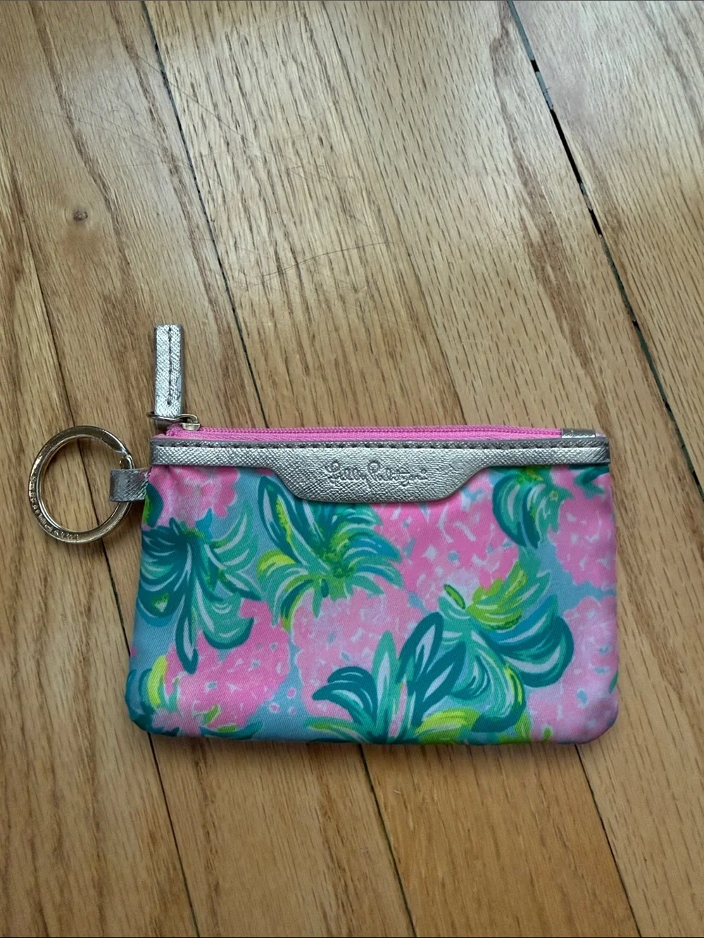Lilly Pulitzer Pink Green Floral Key Pouch with Silver Trim